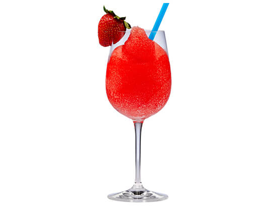 red strawberry bliss cocktail with a strawberry on the rim of the glass